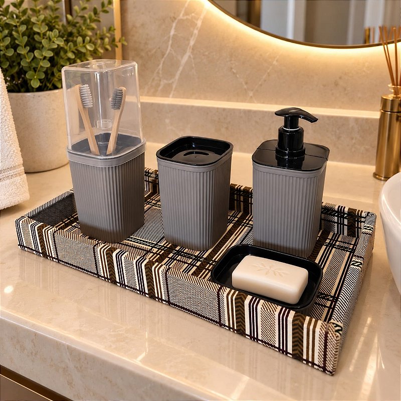 KIT PARA LAVABO XADREZ - BANDEJA, PORTA SABONETE LÍQUIDO E EM BARRA, PORTA ESCOVA E COTONETE ||5 PEÇAS