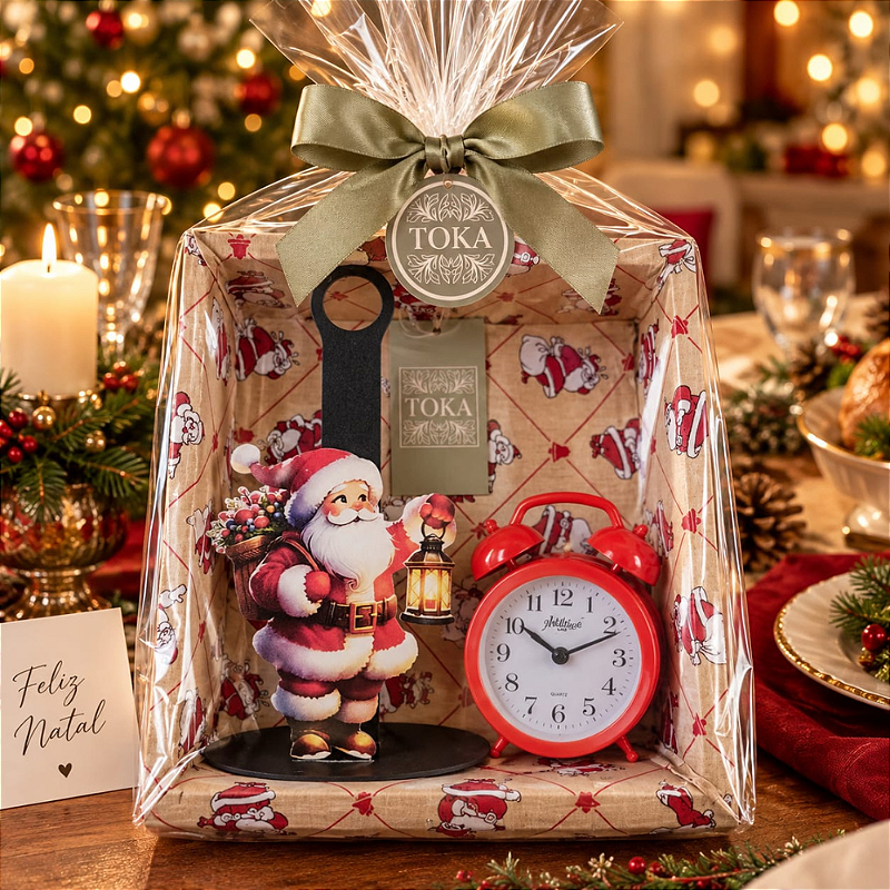 KIT PRESENTE DE NATAL - COM BANDEJA DECORATIVA, RELÓGIO E PORTA GUARDANAPOS PAPAI NOEL | 3 PEÇAS