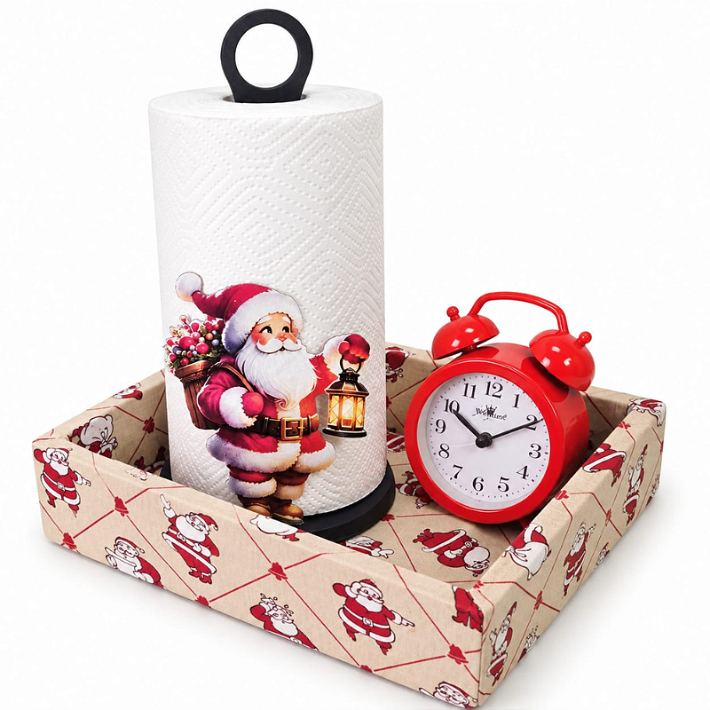 KIT PRESENTE DE NATAL - COM BANDEJA DECORATIVA, RELÓGIO E PORTA GUARDANAPOS PAPAI NOEL | 3 PEÇAS