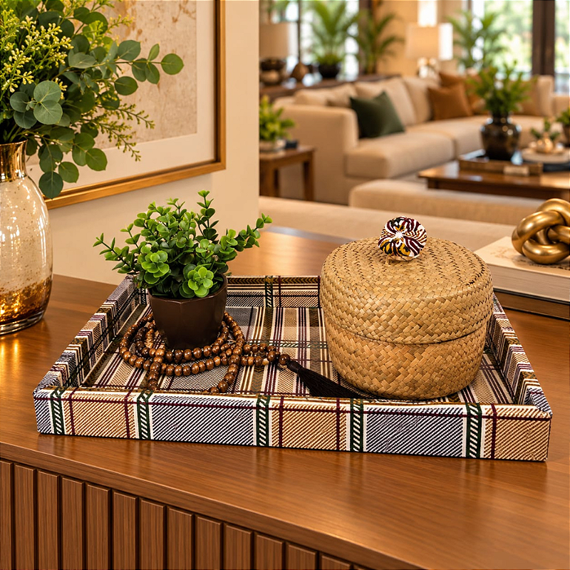 KIT DECORATIVO PARA SALA - BANDEJA, COLAR DE MESA, CESTO DE JUNCO COM TAMPA E VASO COM PLANTA | 4 PEÇAS