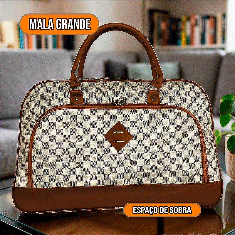 Mala de Viagem de Bordo em Couro Quadriculada - Branca