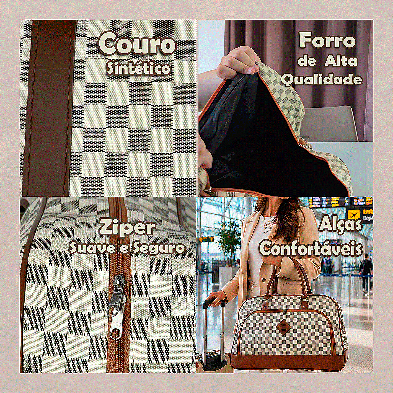 Mala de Viagem de Bordo em Couro Quadriculada - Branca
