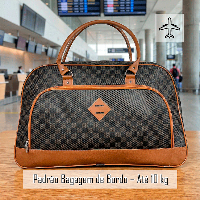 Mala de Viagem de Bordo em Couro Quadriculada - Marrom