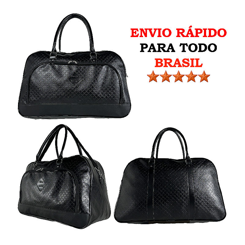Mala de Viagem de Bordo em Couro Quadriculada - Preta
