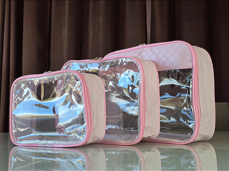 Kit Necessaire Organizadora Transparente P/M/G Rosa BB