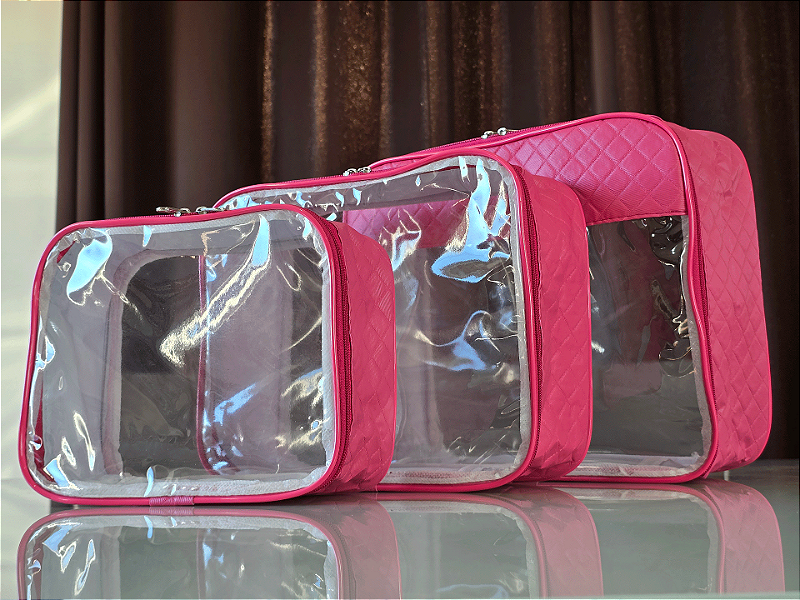 Kit Necessaire Organizadora Transparente P/M/G Pink