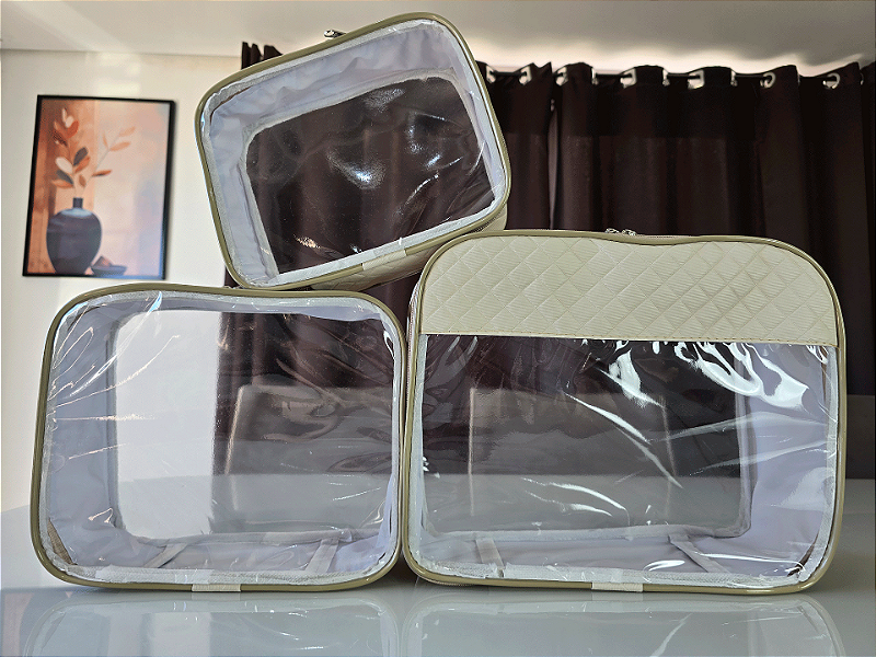 Kit Necessaire Organizadora Transparente P/M/G Bege