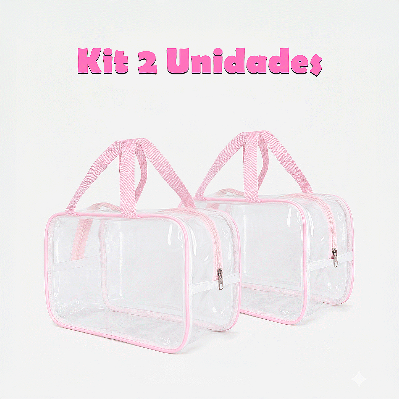 Kit 2 Bolsa Necessaire Transparente Feminina Organizadora - Rosa BB