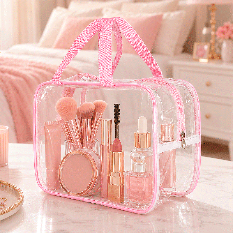 Kit 2 Bolsa Necessaire Transparente Feminina Organizadora - Rosa BB
