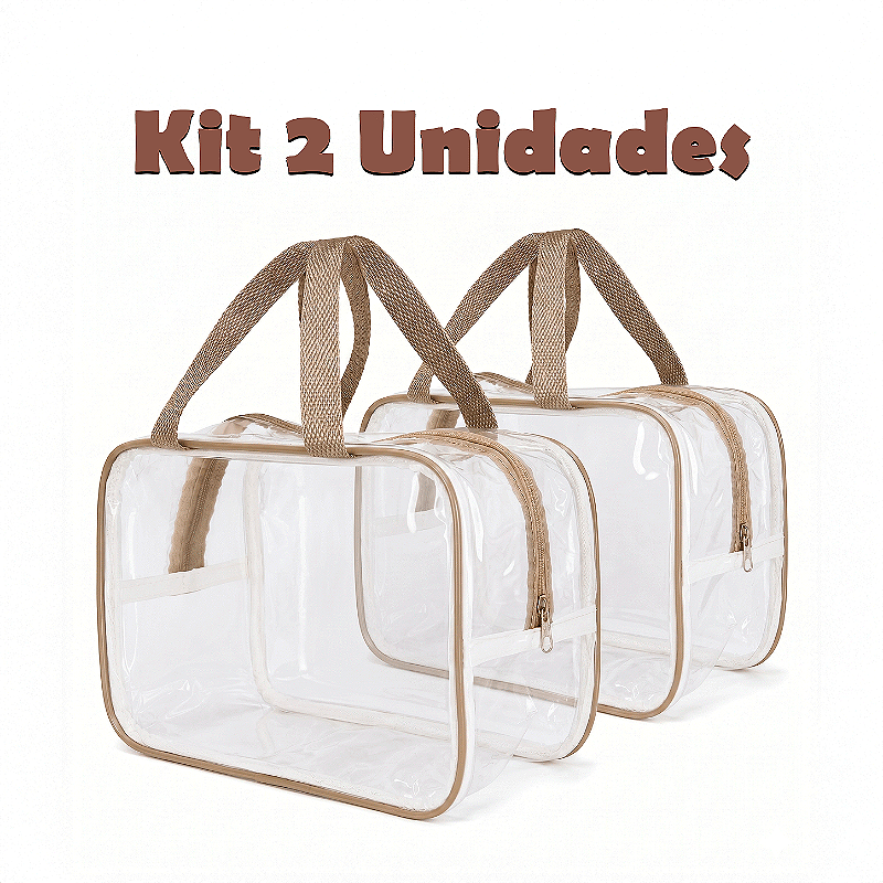 Kit 2 Bolsa Necessaire Transparente Feminina Organizadora - Bege