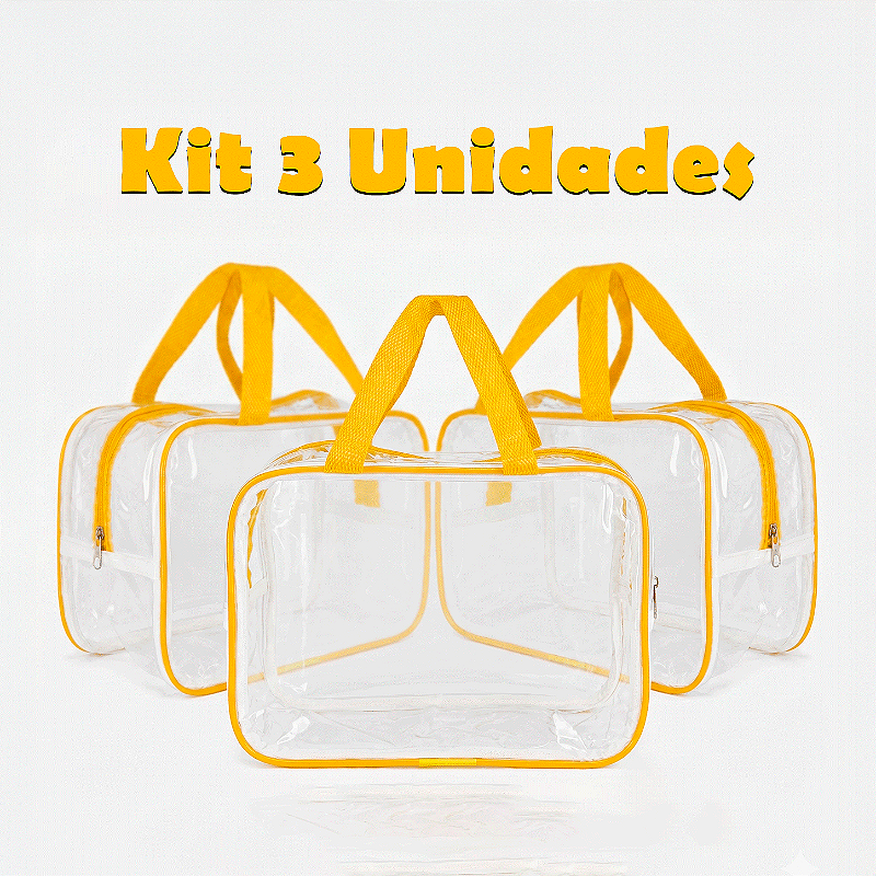 Kit 3 Bolsa Necessaire Transparente Feminina Organizadora - Amarela