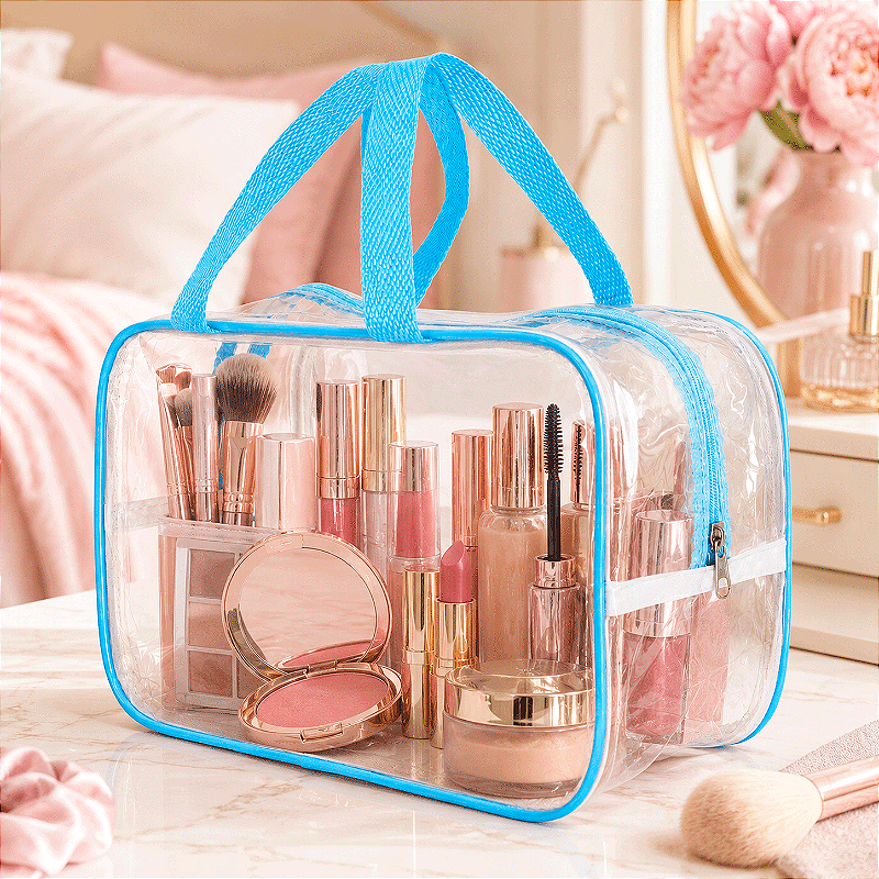 Kit 3 Bolsa Necessaire Transparente Feminina Organizadora - Azul BB