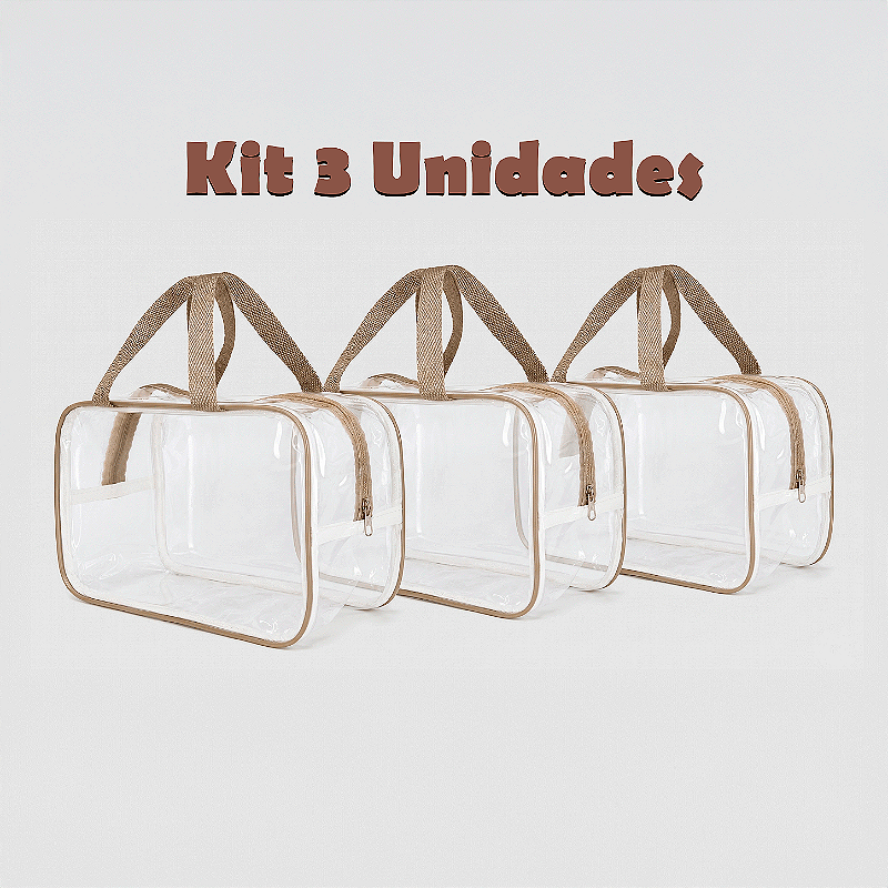 Kit 3 Bolsa Necessaire Transparente Feminina Organizadora - Bege