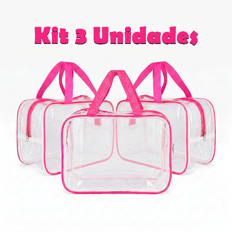 Kit 3 Bolsa Necessaire Transparente Feminina Organizadora - Pink