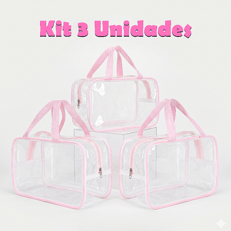 Kit 3 Bolsa Necessaire Transparente Feminina Organizadora - Rosa BB