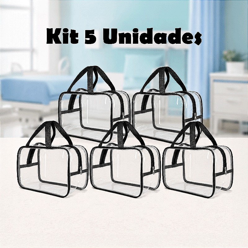 Kit 5 Bolsa Necessaire Transparente Feminina Organizadora - Preto