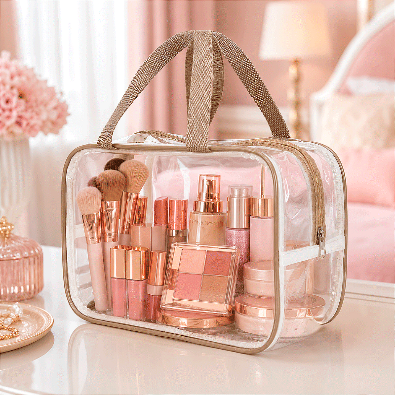 Kit 5 Bolsa Necessaire Transparente Feminina Organizadora - Bege