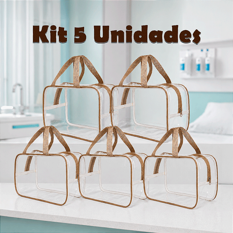 Kit 5 Bolsa Necessaire Transparente Feminina Organizadora - Bege