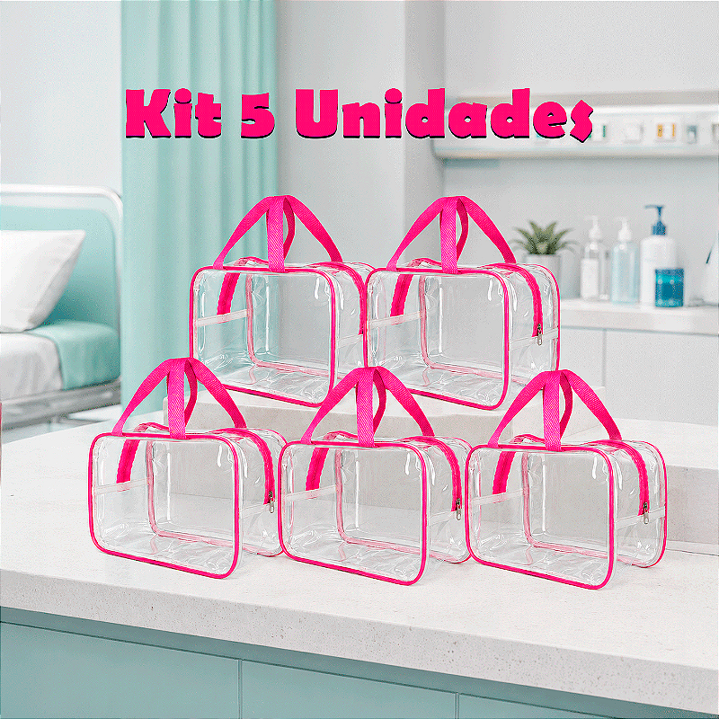 Kit 5 Bolsa Necessaire Transparente Feminina Organizadora - Pink