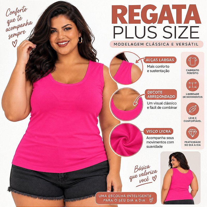 Blusa Regata Básica Plus Size Visco Lycra Alça Larga Toque Macio 2005.1A