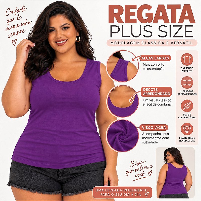 Blusa Regata Básica Plus Size Visco Lycra Alça Larga Toque Macio 2005.1A