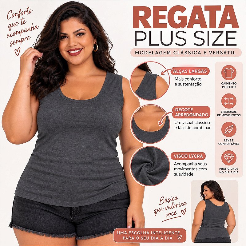 Blusa Regata Básica Plus Size Visco Lycra Alça Larga Toque Macio 2005.1A