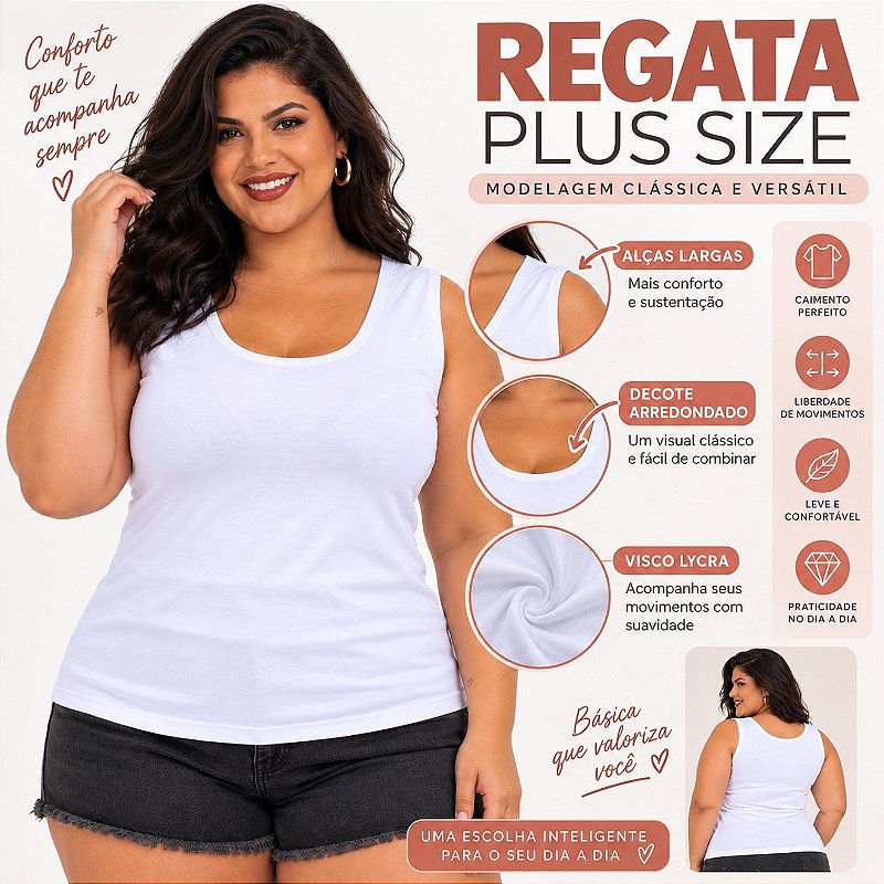 Blusa Regata Básica Plus Size Visco Lycra Alça Larga Toque Macio 2005.1A