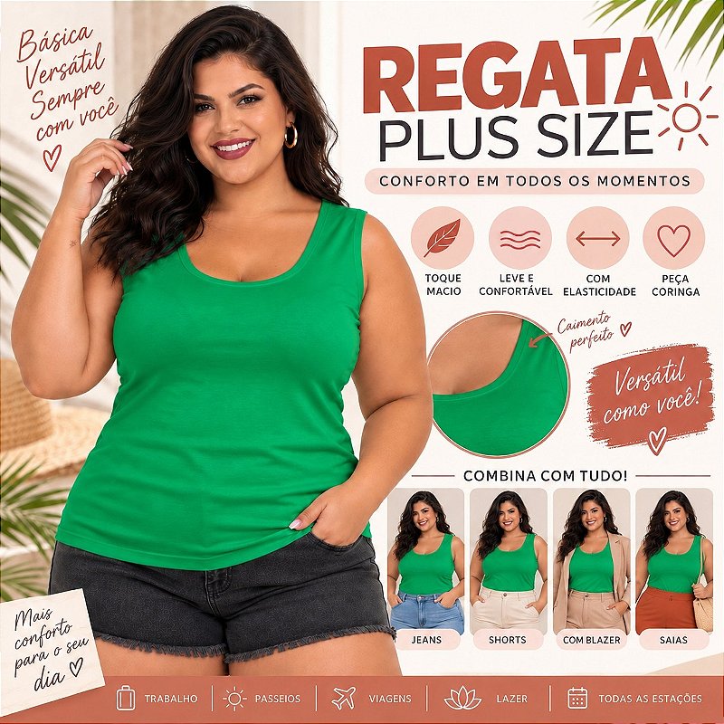 Blusa Regata Básica Plus Size Visco Lycra Alça Larga Toque Macio 2005.1A
