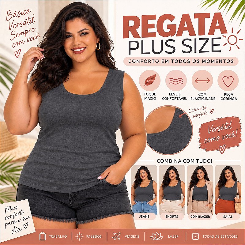 Blusa Regata Básica Plus Size Visco Lycra Alça Larga Toque Macio 2005.1A