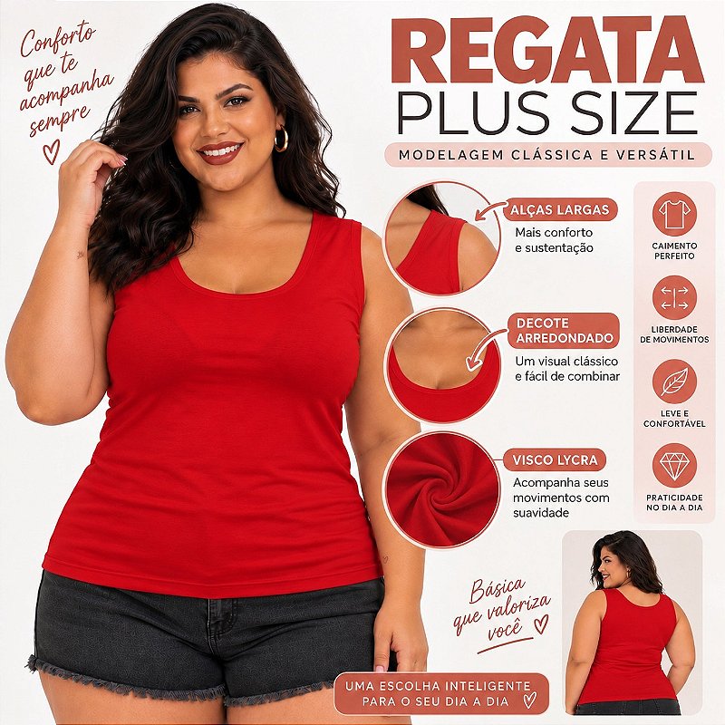 Blusa Regata Básica Plus Size Visco Lycra Alça Larga Toque Macio 2005.1A