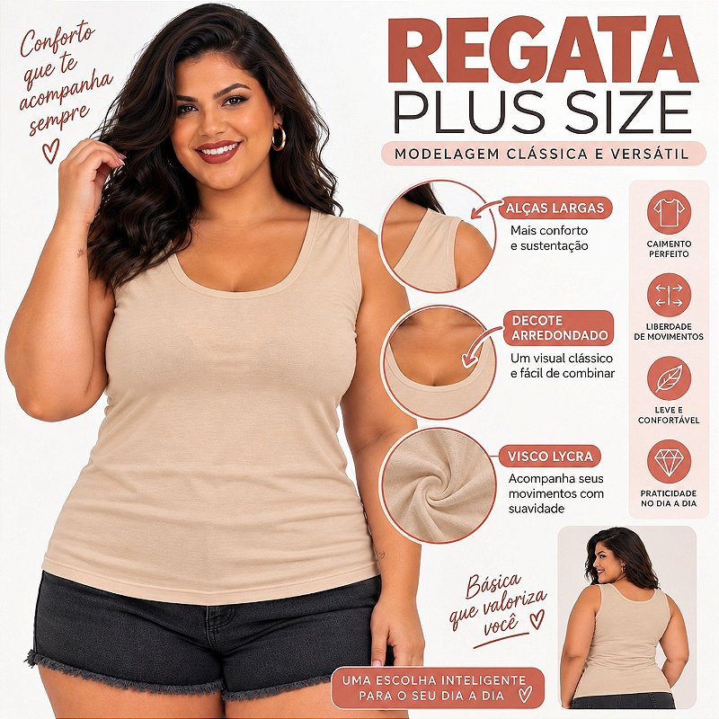 Blusa Regata Básica Plus Size Visco Lycra Alça Larga Toque Macio 2005.1A