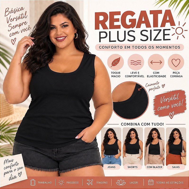 Blusa Regata Básica Plus Size Visco Lycra Alça Larga Toque Macio 2005.1A