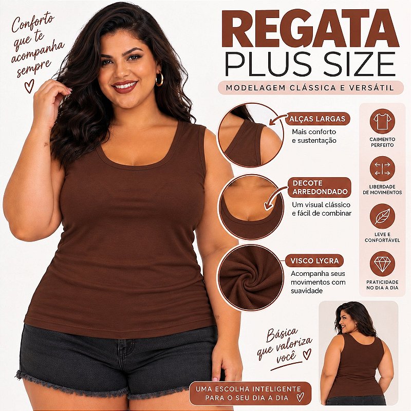 Blusa Regata Básica Plus Size Visco Lycra Alça Larga Toque Macio 2005.1A