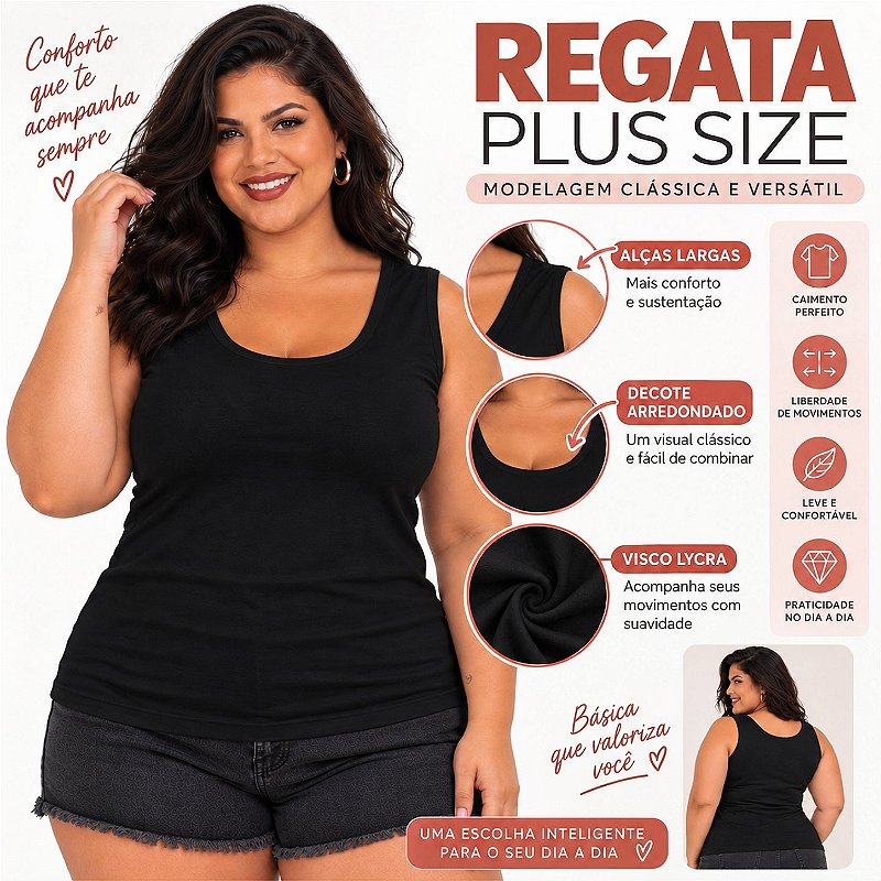 Blusa Regata Básica Plus Size Visco Lycra Alça Larga Toque Macio 2005.1A