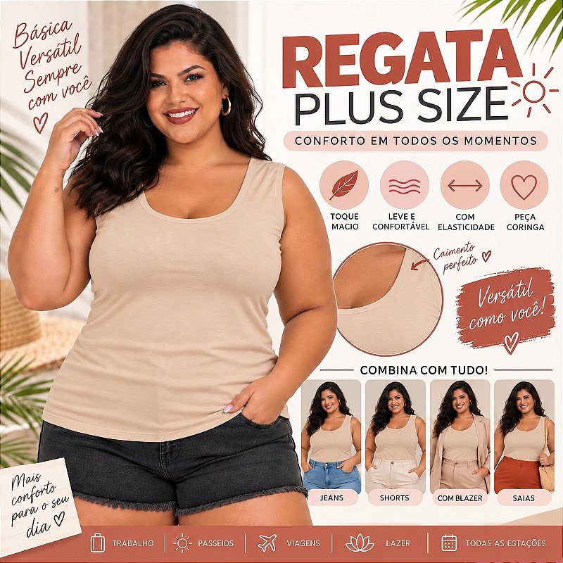 Blusa Regata Básica Plus Size Visco Lycra Alça Larga Toque Macio 2005.1A