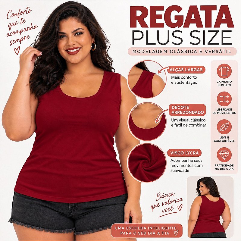 Blusa Regata Básica Plus Size Visco Lycra Alça Larga Toque Macio 2005.1A
