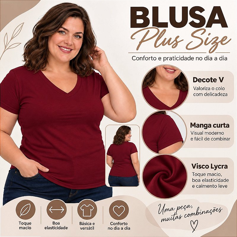 Blusa Básica Plus Size Decote V em Visco Lycra Confortável e Versátil 3013.6A