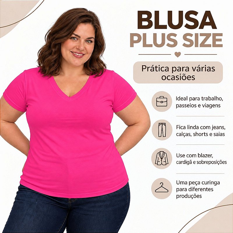 Blusa Básica Plus Size Decote V em Visco Lycra Confortável e Versátil 3013.6A