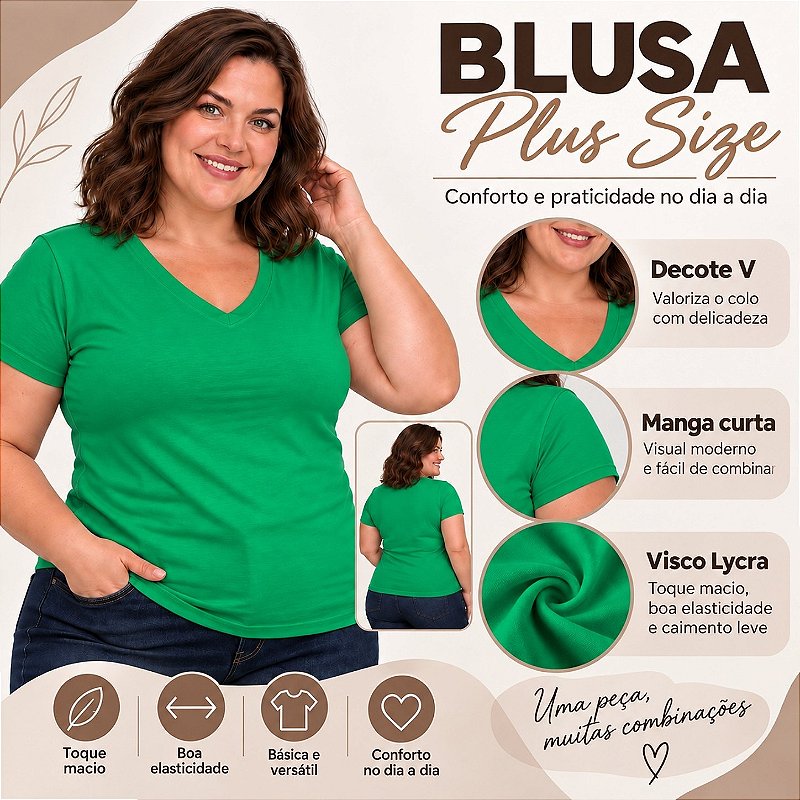 Blusa Básica Plus Size Decote V em Visco Lycra Confortável e Versátil 3013.6A