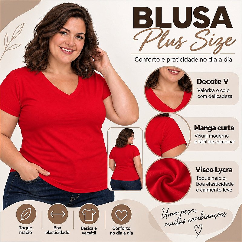 Blusa Básica Plus Size Decote V em Visco Lycra Confortável e Versátil 3013.6A