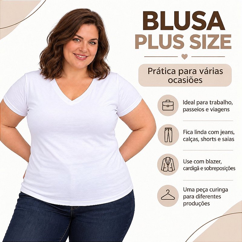 Blusa Básica Plus Size Decote V em Visco Lycra Confortável e Versátil 3013.6A