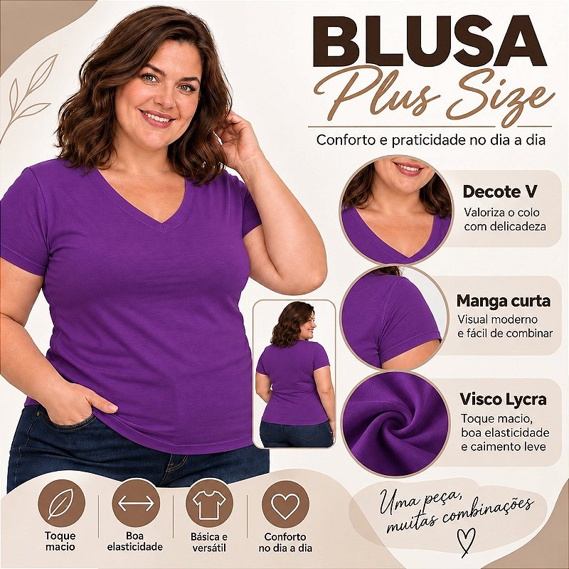 Blusa Básica Plus Size Decote V em Visco Lycra Confortável e Versátil 3013.6A