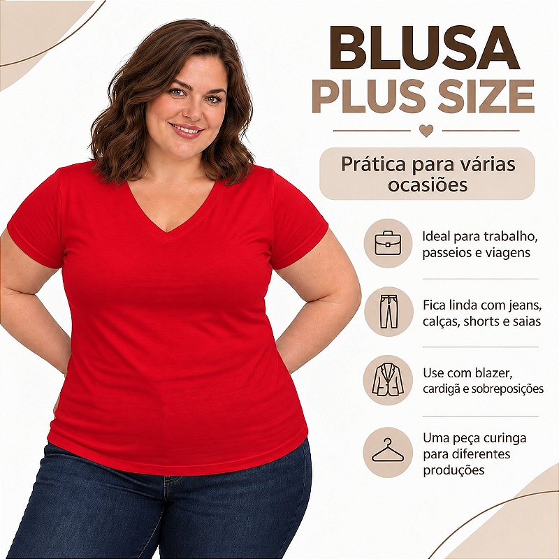 Blusa Básica Plus Size Decote V em Visco Lycra Confortável e Versátil 3013.6A