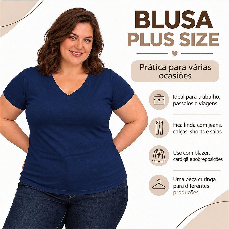 Blusa Básica Plus Size Decote V em Visco Lycra Confortável e Versátil 3013.6A