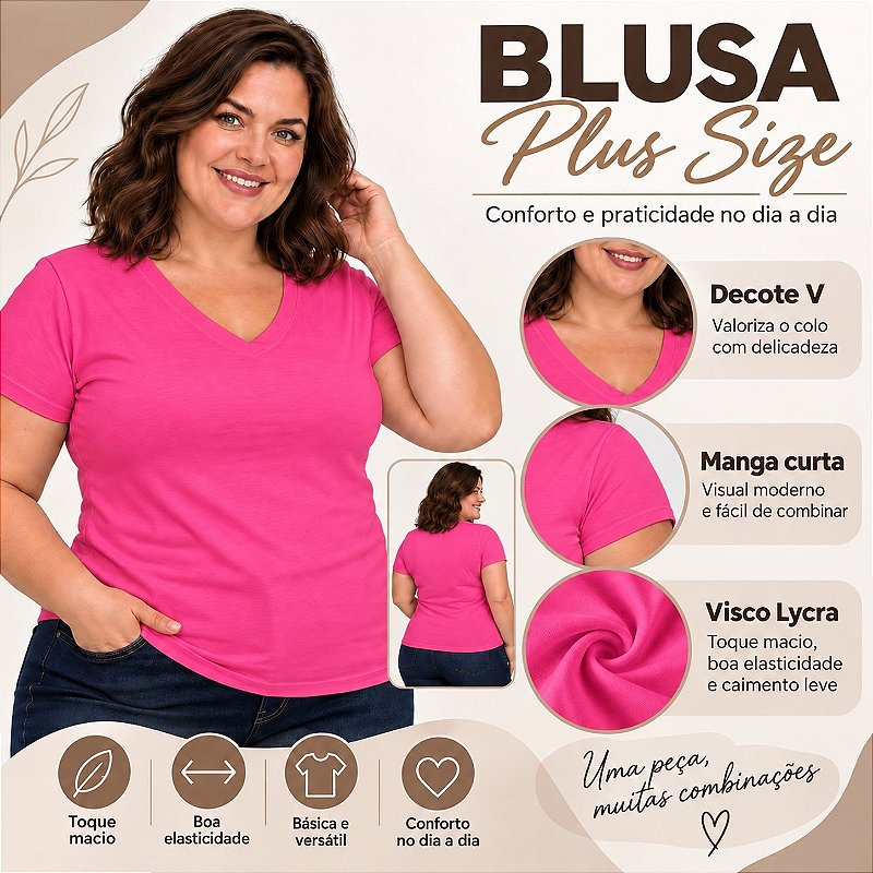 Blusa Básica Plus Size Decote V em Visco Lycra Confortável e Versátil 3013.6A