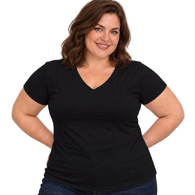 Blusa Básica Plus Size Decote V em Visco Lycra Confortável e Versátil 3013.6A