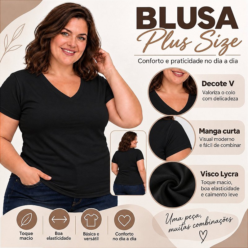 Blusa Básica Plus Size Decote V em Visco Lycra Confortável e Versátil 3013.6A