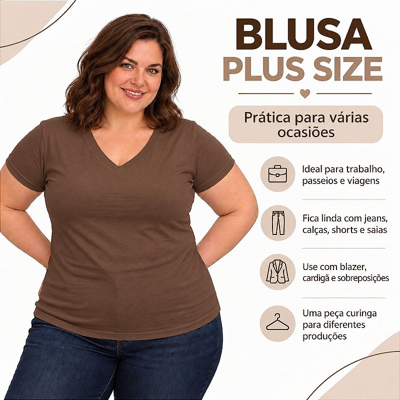 Blusa Básica Plus Size Decote V em Visco Lycra Confortável e Versátil 3013.6A