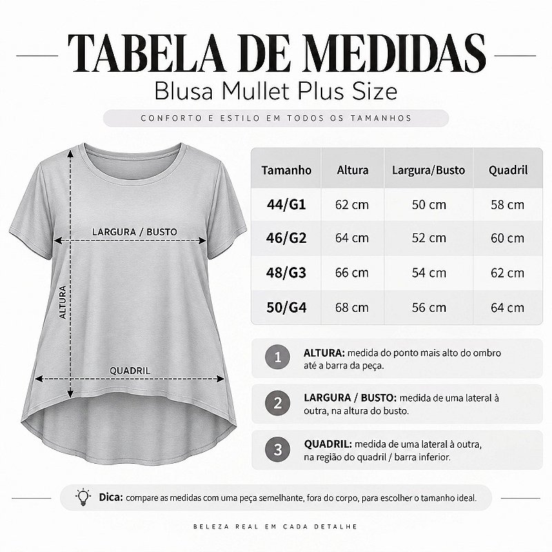 Blusa Plus Size Mullet Confortável Decote Redondo Manga Curta Tapa Bumbum 3024A