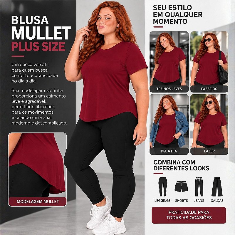 Blusa Plus Size Mullet Confortável Decote Redondo Manga Curta Tapa Bumbum 3024A